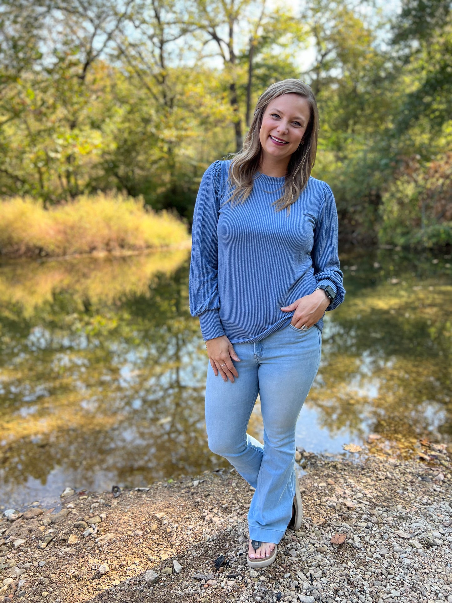 Denim blue mineral rib top