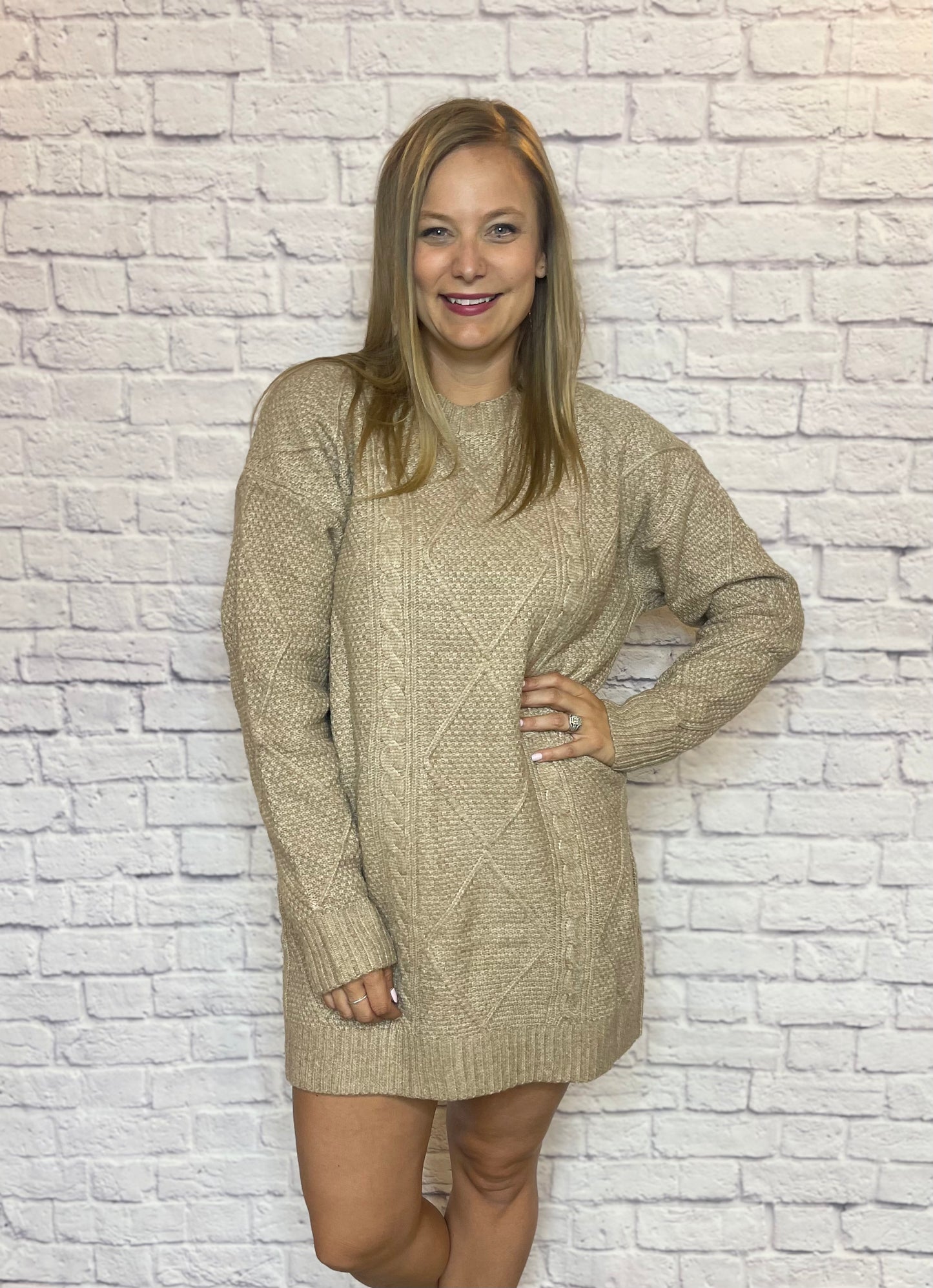 khaki cable knit dress