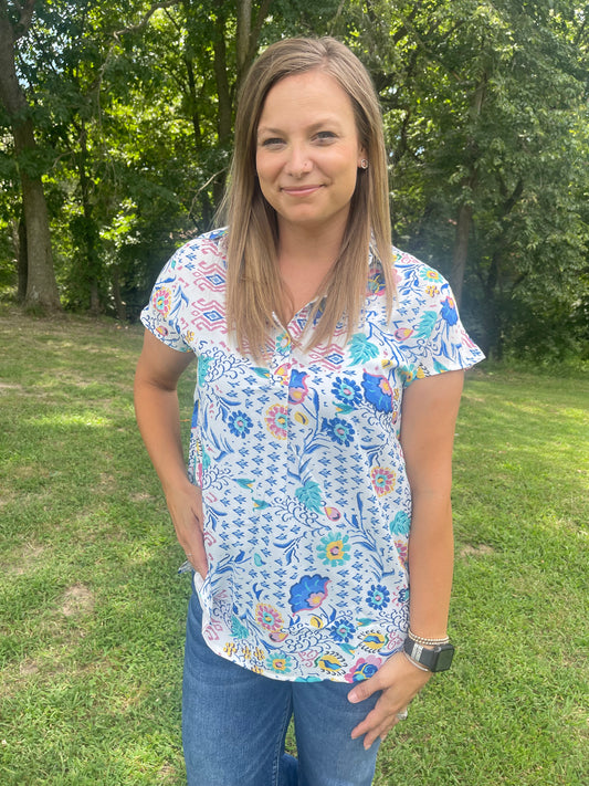 Blue mixed floral top