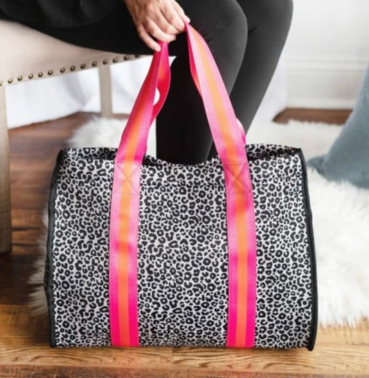 coral leopard neoprene bag